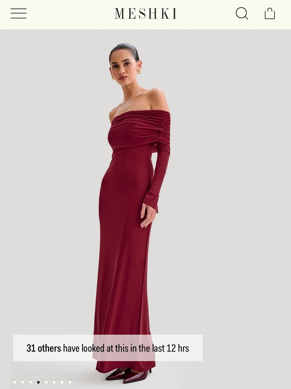 Meshki One-Shoulder Burgundy Ruched Sleeve Maxi Dress